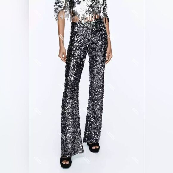 NWT ZARA FLARED SEQUIN LEGGINGS - Picture 10 of 15